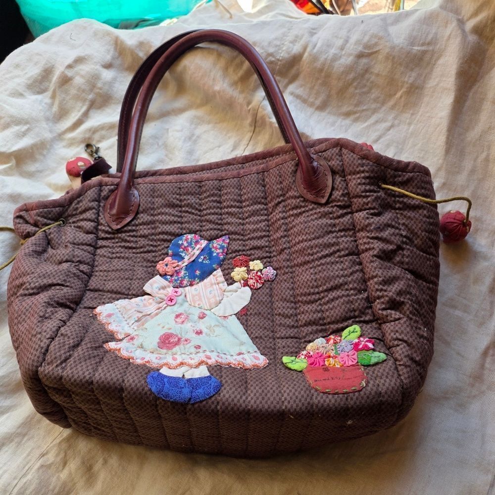 Bess and billy quilted whimsical cottage core prairie tote bag leather handles